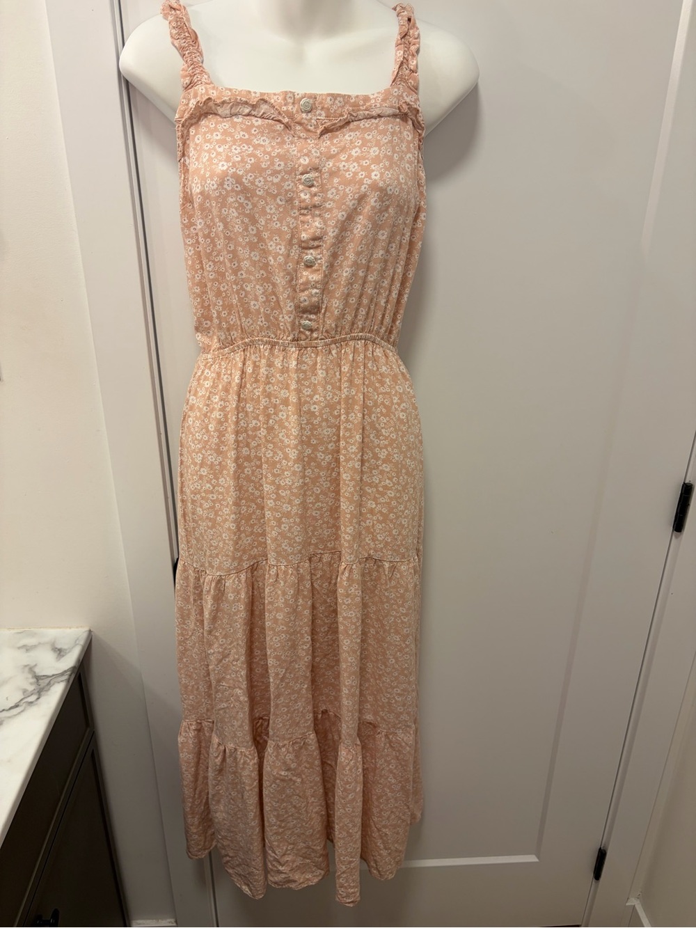 Monteau Peach and White Floral Ruffle-Strap Maxi Dress